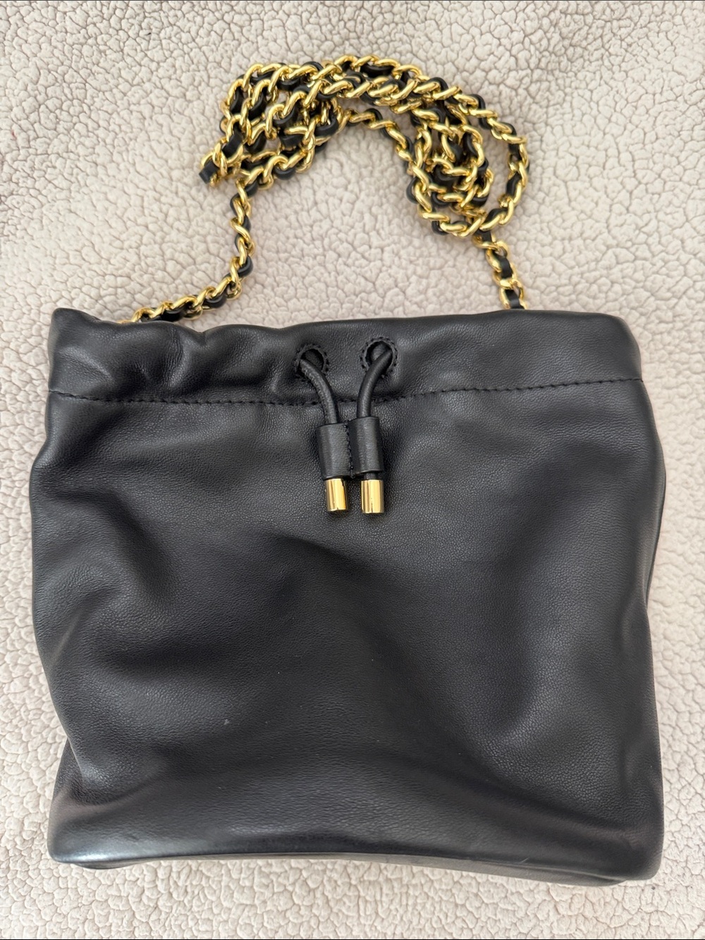 Polo by Ralph Lauren Black Leather Drawstring crossbody Bag with Gold Chain